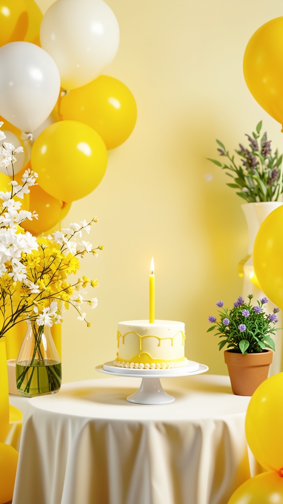 A birthday cake with a single yellow candle sits on a white cake stand in the center of a round table covered with a cream-colored tablecloth. The cake is white with yellow icing dripping down the sides and a yellow border of small pearls around the base. To the left of the cake, a vase filled with green water holds a bouquet of white and yellow flowers. To the right of the cake, a small potted plant with purple flowers sits on the table. The background is a soft yellow wall adorned with yellow and white balloons.