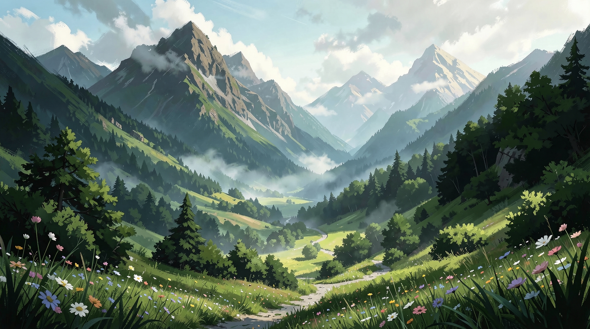 Create a nature mountain country side scenary wallpaper in this visual style: expressive brushwork, cinematic color. Use these exact color codes as the main visual palette for the wallpaper: #2D4739, #3F6844, #7CA982, #C4E3CB, #F6FFF2. Use the colors prominently and harmoniously across the compositi