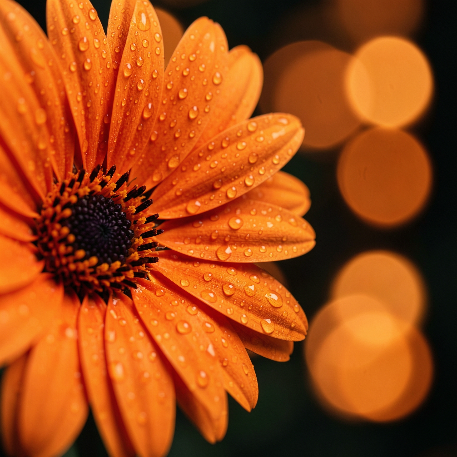 A close-up, macro shot of an orange daisy with water droplets on its petals. The flower is positioned on the left side of the frame, with its dark center and vibrant orange petals filling the majority of the space. The petals are detailed and textured, with numerous small, glistening water droplets