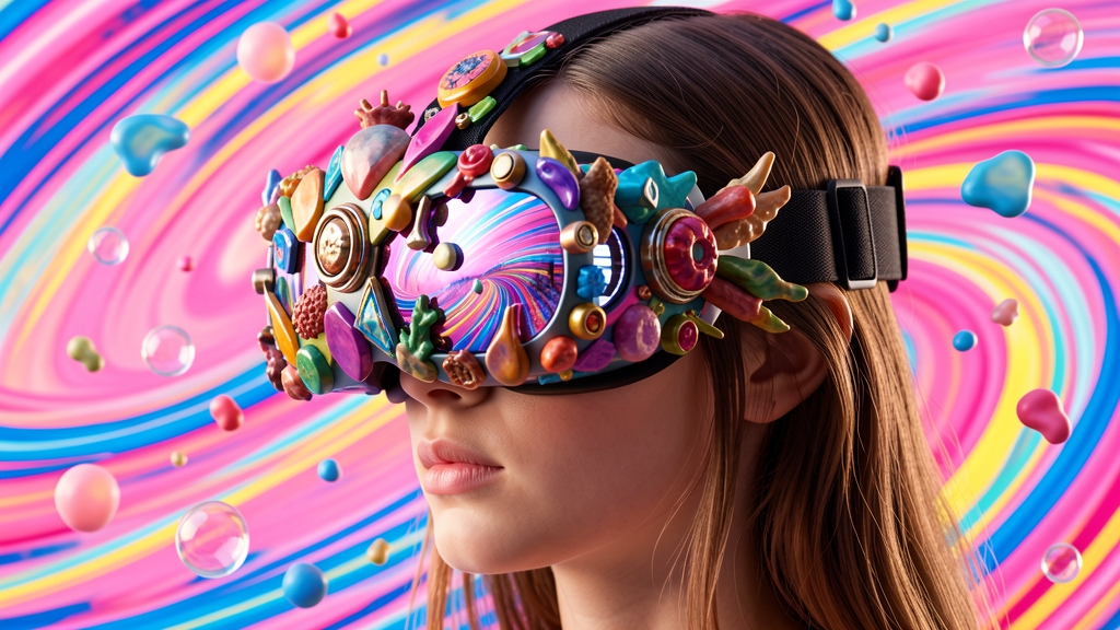 A close-up, profile shot of a young woman wearing a highly decorated VR headset. The headset is adorned with a chaotic, colorful array of abstract shapes, metallic accents, and what appear to be small, organic forms. The lenses of the headset are reflective, showing a vibrant, abstract digital lands