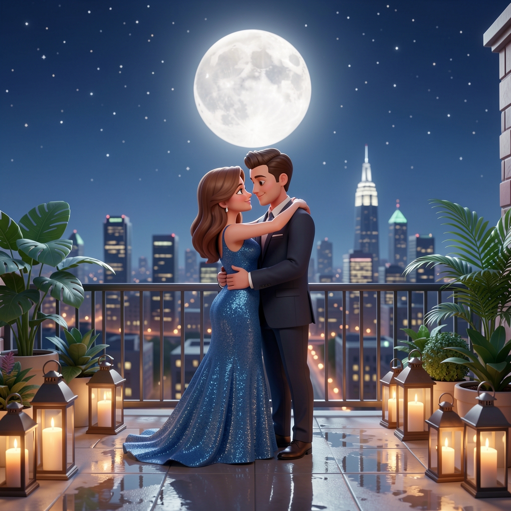 A romantic couple embraces on a balcony overlooking a city skyline at night. The full moon shines brightly in the starry sky, illuminating the scene. The woman wears a shimmering blue gown, while the man is dressed in a dark suit. They are surrounded by decorative plants, lanterns, and candles, crea