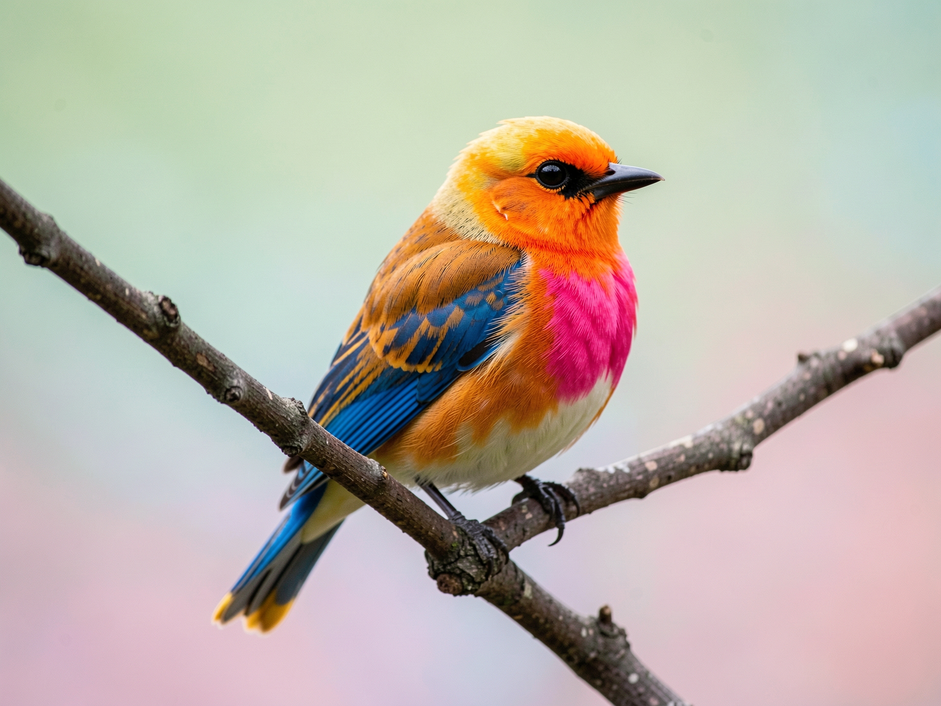A close-up, eye-level shot captures a vibrantly colored bird perched on a thin, brown branch. The bird's head is a bright orange, transitioning to a soft yellow on its crown. Its eye is a dark, glossy black, surrounded by a thin black ring. A splash of bright pink adorns its chest, blending into a m