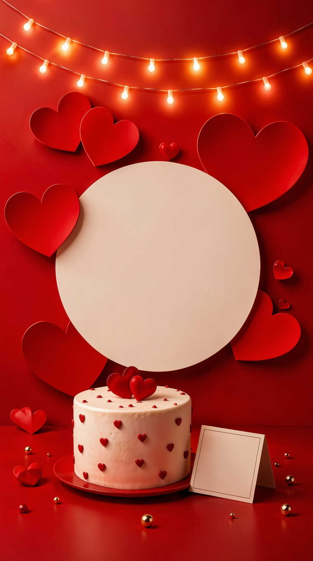 A white cake decorated with small red hearts and two larger red hearts on top sits on a red cake stand. The cake is surrounded by scattered gold beads and red heart decorations. In the background, a large, light-colored circle is placed against a red wall adorned with several red heart cutouts and two strings of warm-toned fairy lights. To the right of the cake, a small, folded card with a thin black border is propped up. The overall scene is set against a vibrant red backdrop, creating a festive and romantic atmosphere.
