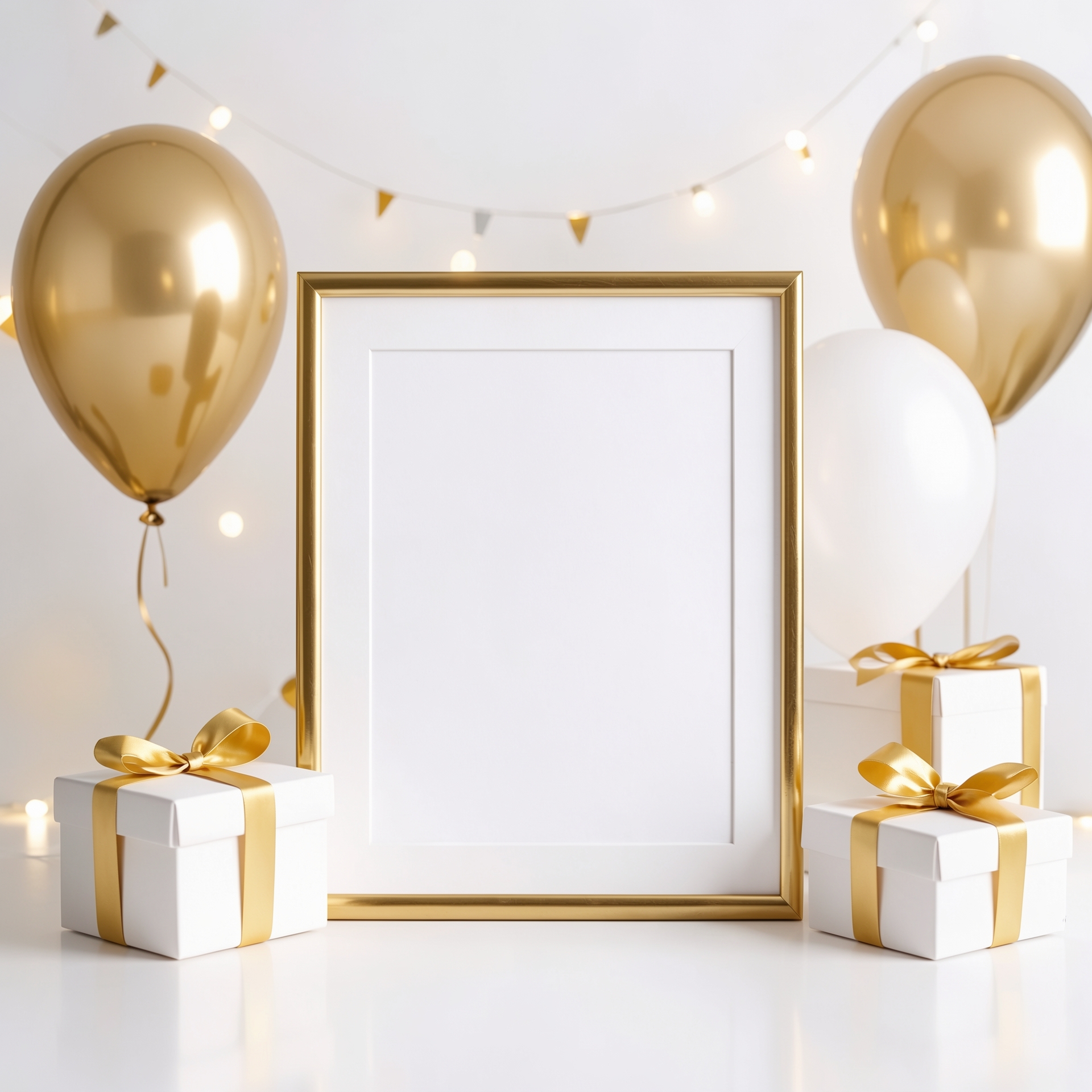A gold-framed blank picture frame stands centered on a white surface, with a string of fairy lights and small triangular flags in the background. Flanking the frame are two white gift boxes tied with gold ribbon, and on either side of the boxes are gold and white balloons. The overall scene is bright and festive, suggesting a celebration or party.