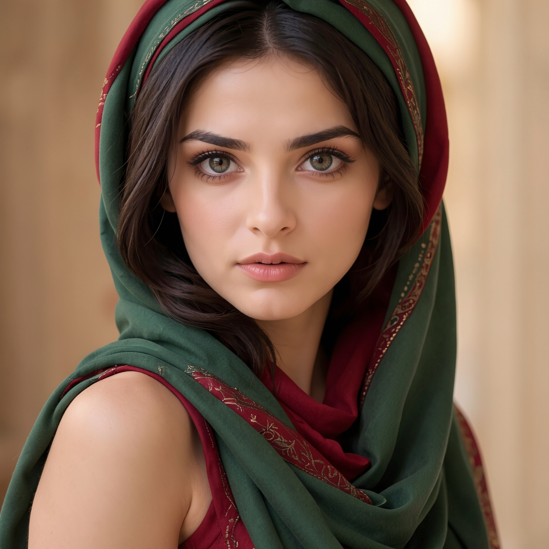 A close-up portrait of a young woman wearing a green and red headscarf. The woman has dark hair, striking green eyes, and fair skin. The headscarf is draped around her head and shoulders, with a red lining and gold embroidered trim. She is looking directly at the camera with a neutral expression. The background is softly blurred, suggesting an indoor setting with warm, neutral tones.