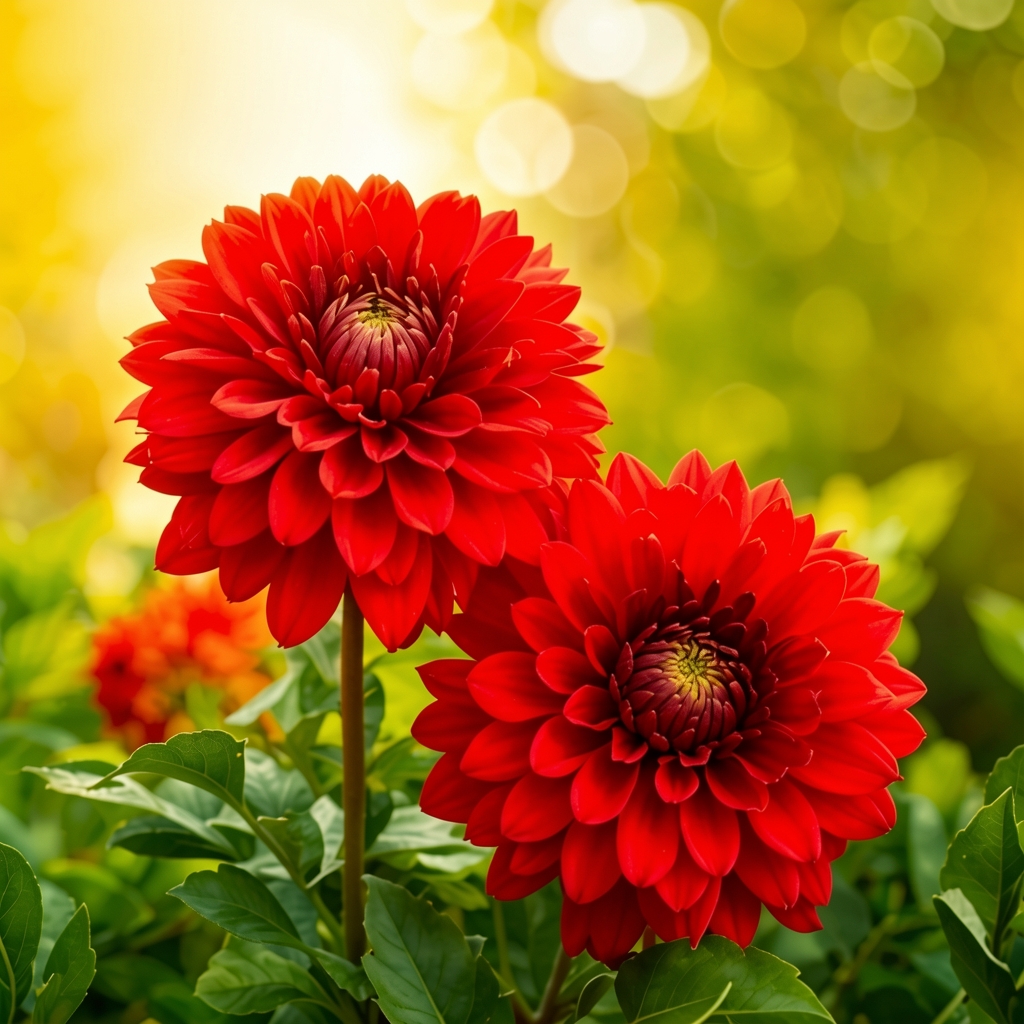 A close-up, eye-level shot features two vibrant red dahlias in full bloom, positioned in the foreground. The dahlia on the left is slightly taller and positioned behind the one on the right, which is closer to the viewer. Both flowers showcase intricate layers of petals radiating from a central, darker red core with hints of yellow. Lush green leaves surround the base of the flowers, creating a natural, garden setting. The background is softly blurred with a bokeh effect, displaying a warm gradient of yellow and green, suggesting sunlight filtering through foliage. The overall mood is bright, cheerful, and serene.