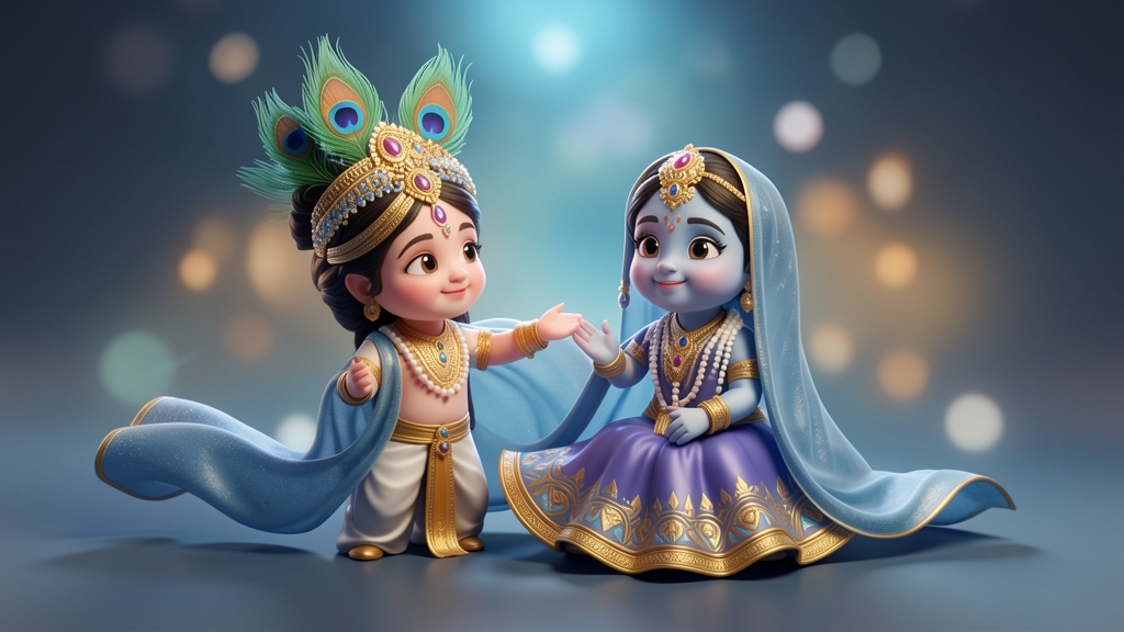 A 3D render of two chibi-style characters, likely Krishna and Radha, are depicted in a close-up shot against a soft, blurred background with bokeh lights. The character on the left, presumed to be Krishna, stands with a playful expression, adorned in a golden crown with peacock feathers, a blue sash, and pearl necklaces. His right hand is extended towards the other character. The character on the right, presumed to be Radha, is seated, with a serene expression and blue skin. She wears a golden headdress, a blue veil, a purple and gold skirt, and pearl necklaces. Both characters are richly decorated with golden jewelry and intricate patterns on their attire. The lighting is soft and ethereal, with a gentle glow emanating from the top of the frame.