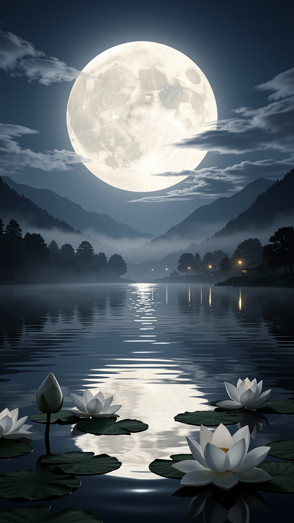 A serene night scene unfolds with a large, luminous full moon dominating the upper sky, surrounded by wispy clouds. Below, a tranquil lake reflects the moonlight, creating a shimmering path across its surface. In the foreground, several white lotus flowers, some in full bloom and one as a bud, float