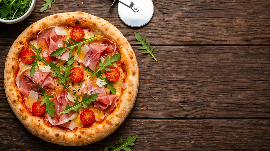 A whole pizza with prosciutto, cherry tomatoes, and arugula is placed on a rustic wooden table. A pizza cutter is visible in the upper right corner, and a small bowl of arugula is in the upper left corner. The pizza has a golden-brown crust and is topped with melted cheese, thinly sliced prosciutto, halved cherry tomatoes, and fresh arugula leaves. Red pepper flakes are scattered around the pizza and on the table. The lighting is warm and natural, highlighting the textures and colors of the food.