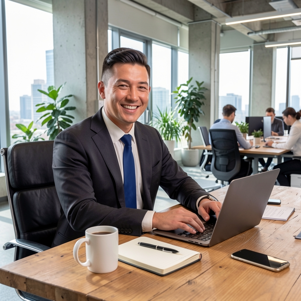 A smiling businessman in a dark suit and blue tie is working on a laptop at a wooden desk in a modern office. In front of him, there is a white mug of coffee, a notebook, a pen, and a smartphone. Behind him, through a large window, a cityscape is visible. The office has concrete pillars and potted p