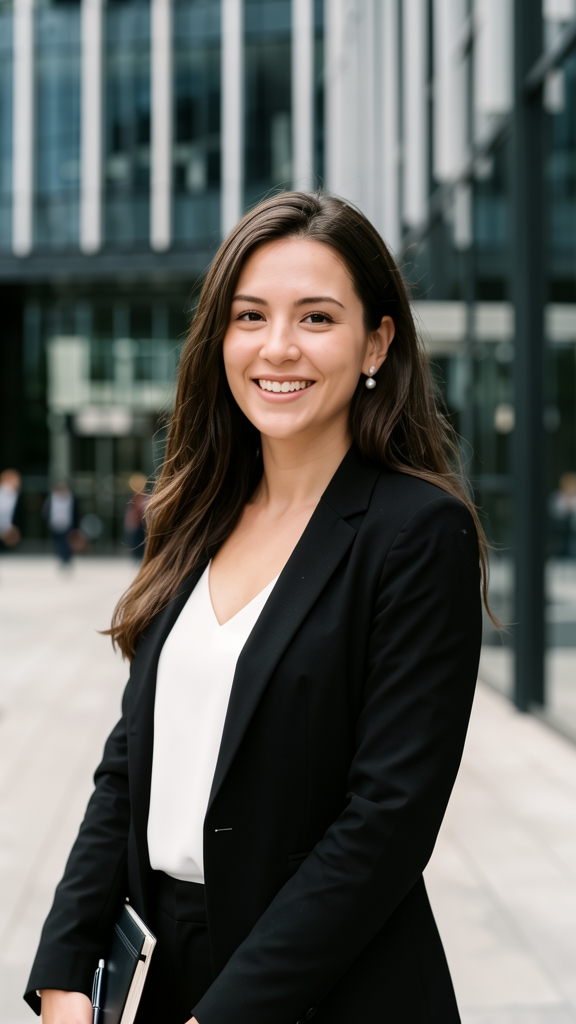 A medium shot portrait of a young Asian woman with long, dark, wavy hair, smiling warmly at the camera. She is wearing a black blazer over a white V-neck blouse and pearl earrings. The background is blurred, showing a modern building with glass windows and vertical supports, suggesting an urban or p