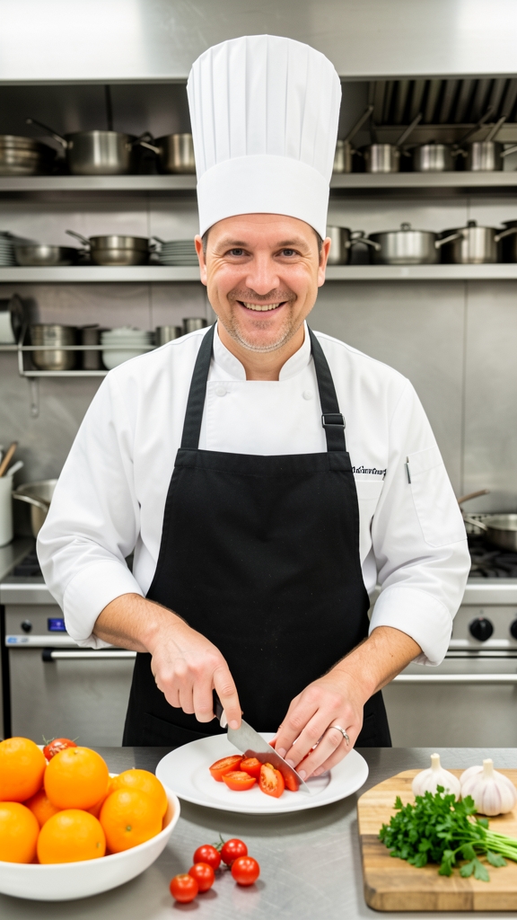 A medium shot captures a smiling male chef in a professional kitchen facing camera, wearing a tall white toque and a white chef's coat with a black apron. He is actively chopping tomatoes on a white plate with a knife, his hands positioned in the center of the frame. In the foreground, to the left,