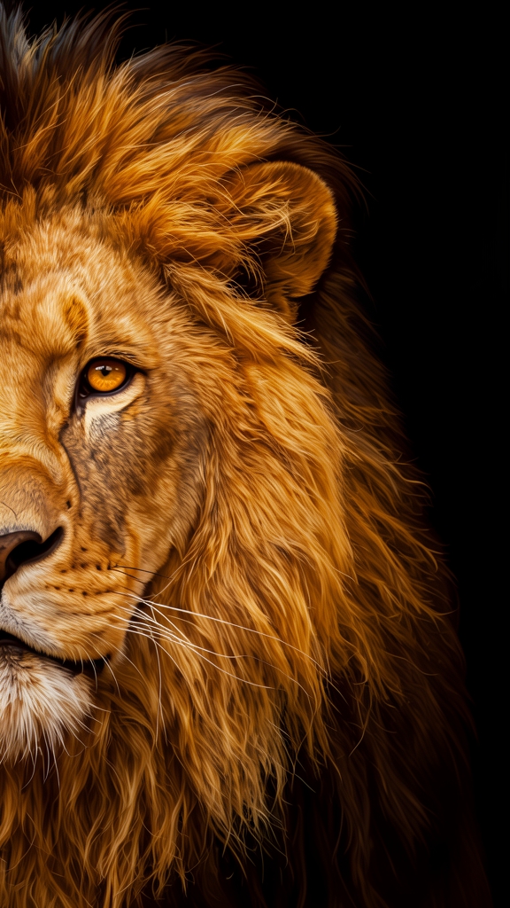 A close-up, half-face portrait of a majestic lion against a stark black background. The lion's piercing amber eye is the focal point, rendered with incredible detail, reflecting light and conveying intensity. Its mane, a rich tapestry of golden-brown and orange hues, is meticulously detailed, with individual strands visible, creating a sense of depth and texture. The fur around its face is also finely rendered, highlighting its powerful features. The lighting emphasizes the contours of the lion's face and mane, creating a dramatic and striking effect.