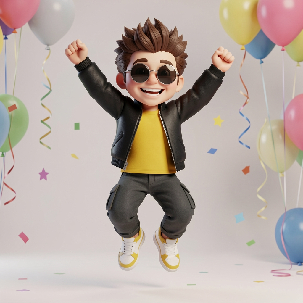 A 3D render of a cartoon boy with spiky brown hair, round sunglasses, and a wide smile, jumping in the air with his arms raised in celebration. He is wearing a black jacket over an yellow t-shirt, dark cargo pants, and white and yellow sneakers. The background is a minimal party background