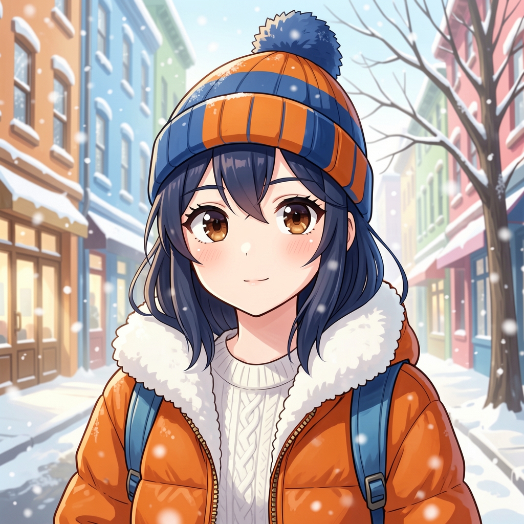A close-up, medium shot shows a young anime girl with large, expressive brown eyes and dark blue hair, wearing a snug blue and orange striped beanie with a fluffy pom-pom, a few strands of hair peeking out. She is bundled in a cozy, quilted orange puffer jacket with a thick white fuzzy collar and a