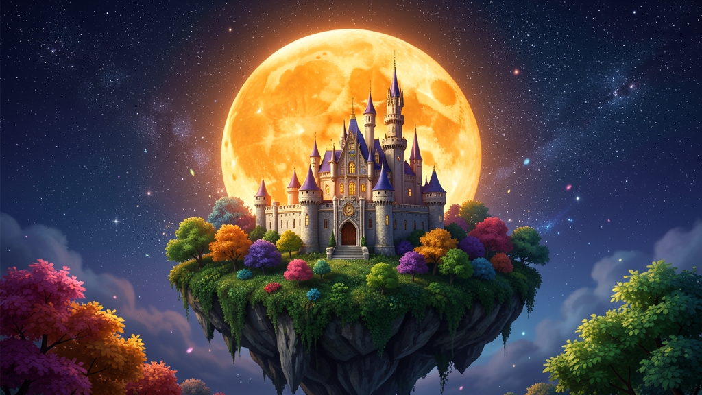 A fantastical, dreamlike castle sits atop a lush, emerald-green floating island, dramatically dwarfed by a colossal, glowing orange moon hanging low in a crystal-clear, star-studded cosmic sky. The castle is intricately detailed with ornate stonework, spires, and multiple towers and windows softly i