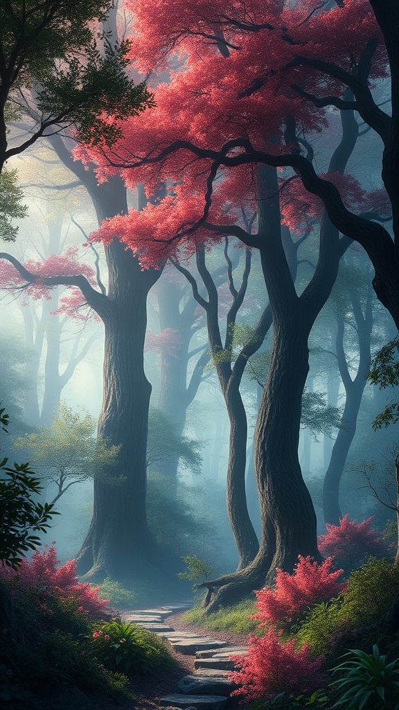 Create a wallpaper in this visual style: fantasy, magical atmosphere, hyper realistic magical forest image, epic detailed scenery. Use these exact color codes as the main visual palette for the wallpaper: #02010A, #04052E, #140152, #3A0CA3, #F72585. Use the colors prominently and harmoniously across