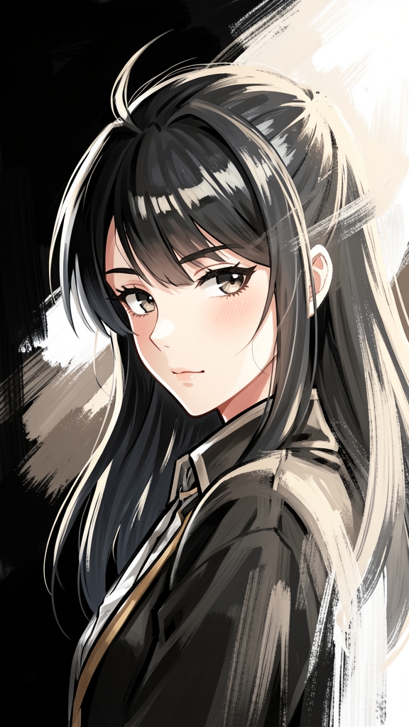 Create a wallpaper in this visual style: painted anime style, expressive brushwork, cinematic color. Use these exact color codes as the main visual palette for the wallpaper: #050505, #1A1A1A, #606060, #D6D1C4, #FFFFFF. Use the colors prominently and harmoniously across the composition. Create a ver