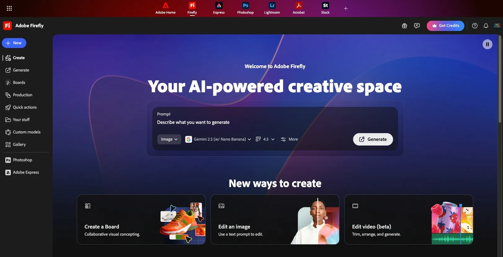 Adobe Firefly Home screen