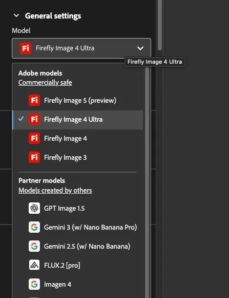 Adobe Firefly Model selection section