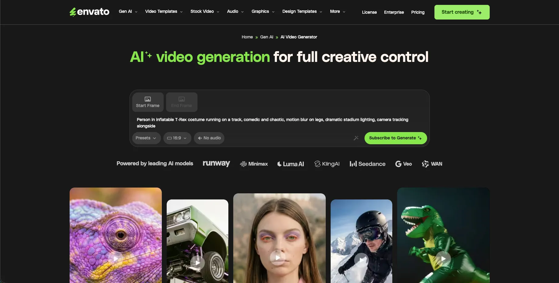 Envato AI Video Generator home screen showing AI video creation tools with creative assets, templates, and design resources