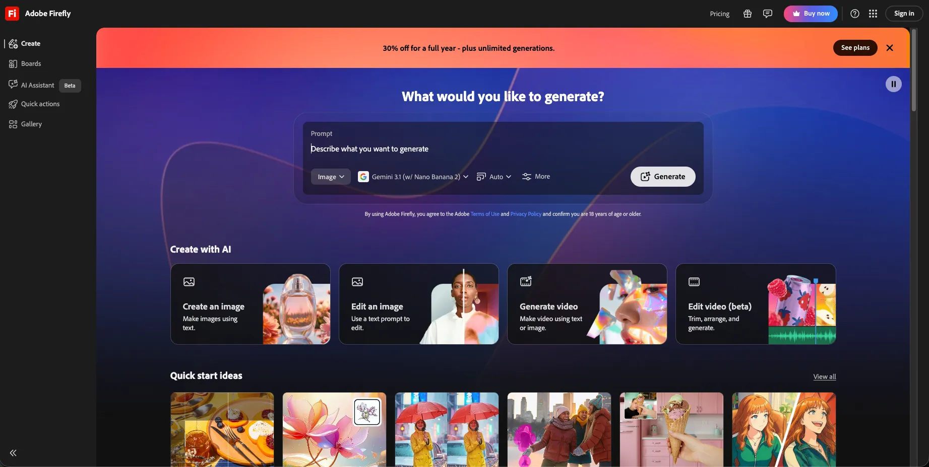 Adobe Firefly home screen showing AI video generation tools for professional creative workflows