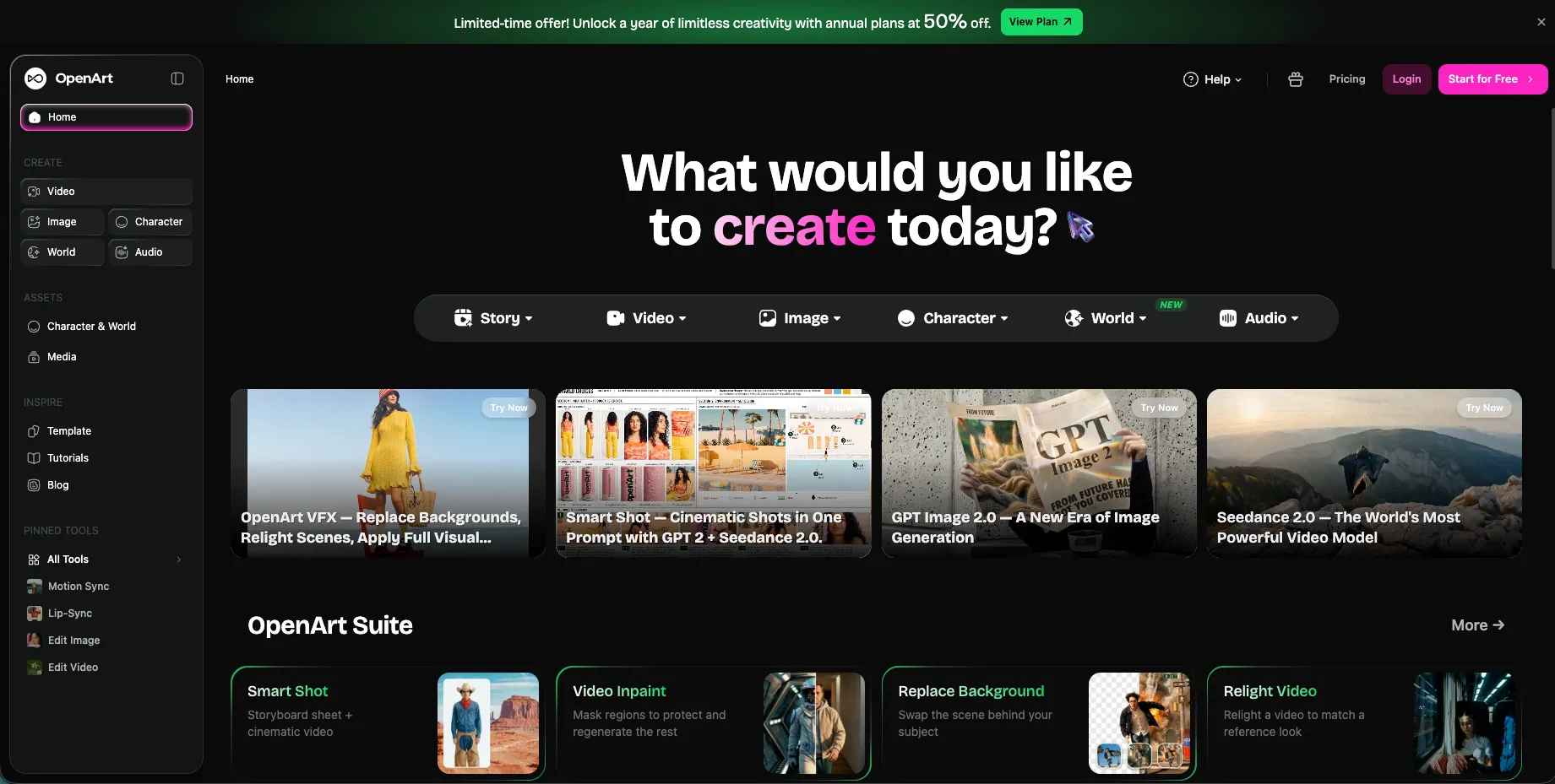 OpenArt AI home screen showing AI creative tools and video generation features