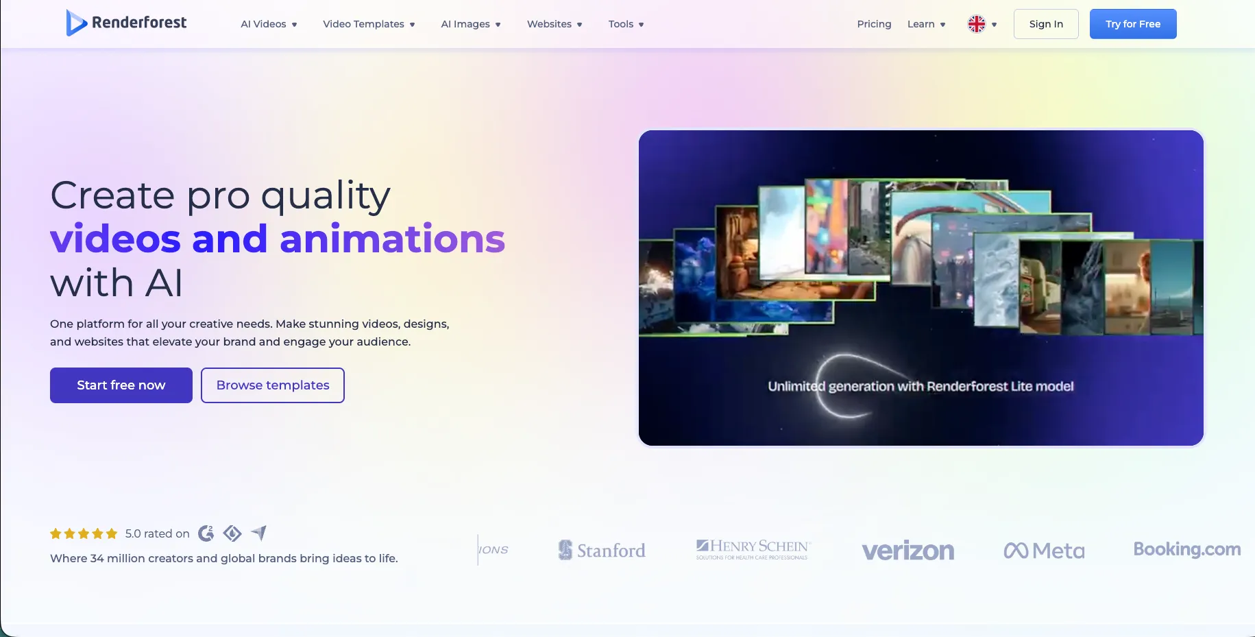 Renderforest home screen showing AI video creation, branding, and business video tools