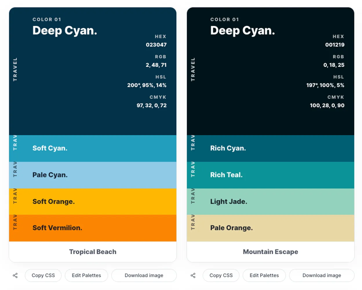 Color Palette card that shows color codes HEX, RGB, CMYK
