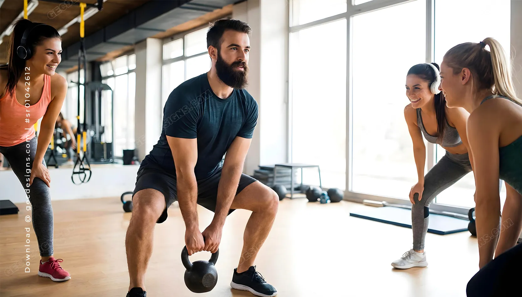 Active group workout in fitness studio with trainer using kettlebell strength exercise, Fitness, and Gym background image
