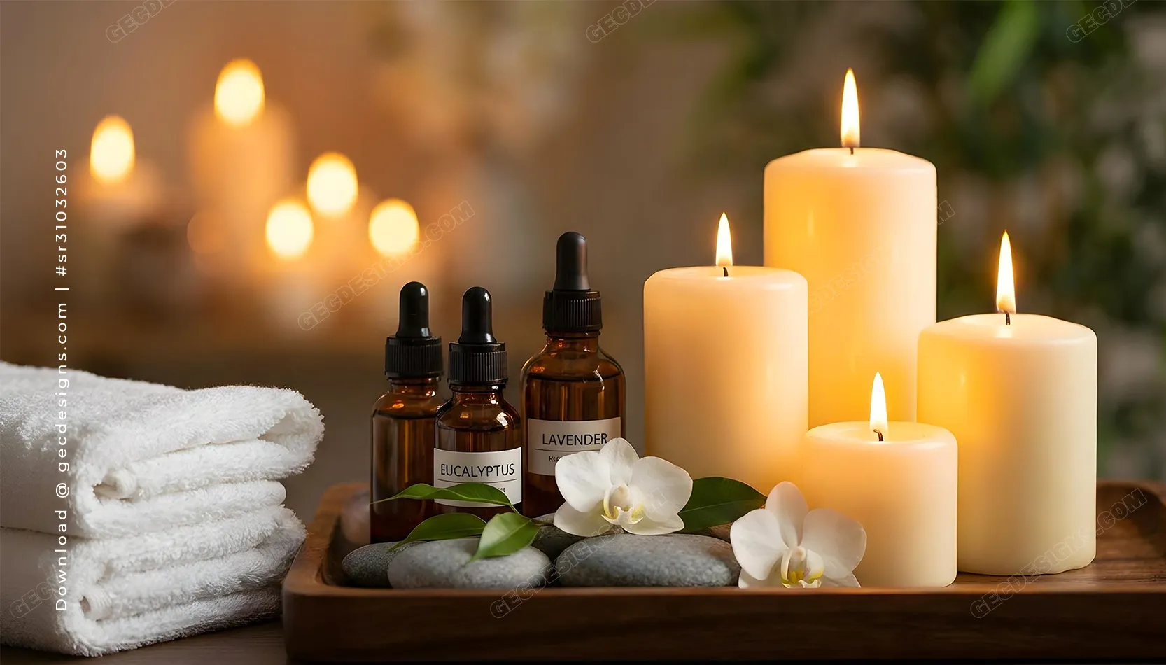 Aromatherapy Spa Setup with Candles and Essential Oils, Creating Calming Beauty Spa Background Images