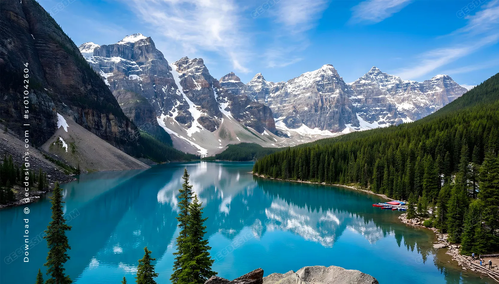 Breathtaking mountain lake travel background with mirror reflection of peaks and peaceful nature