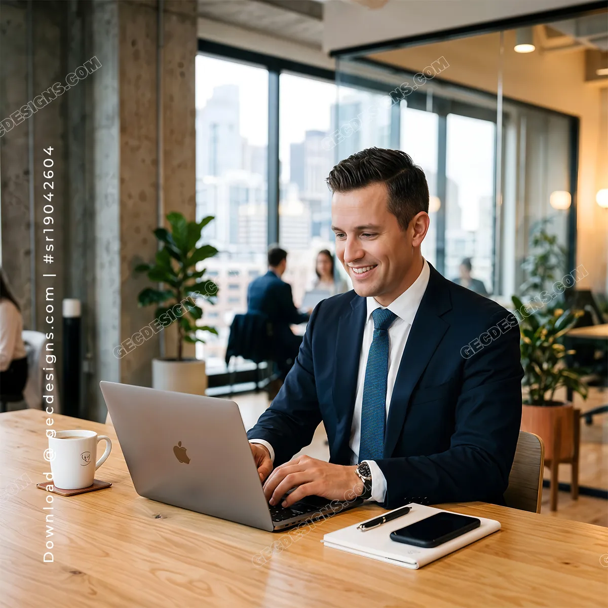 Businessman working on a laptop in a Modern office workspace, business marketing background image