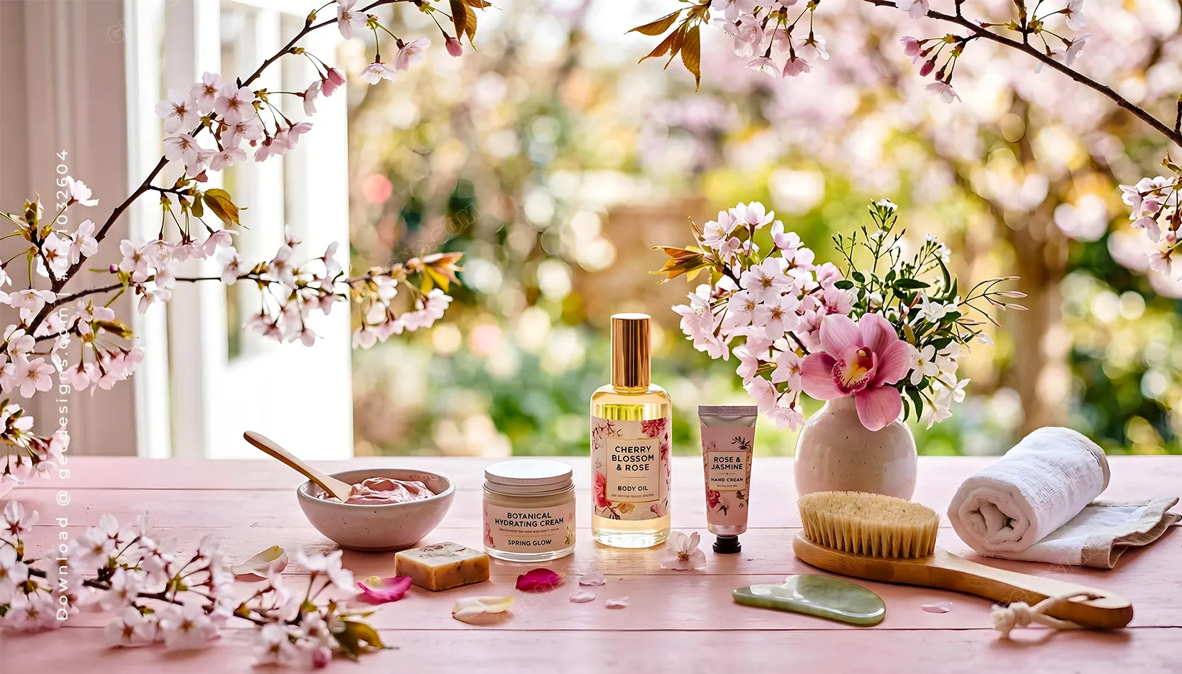 Cherry Blossom Skincare Setup with Natural Beauty Products Creating Fresh Beauty Spa Background Images