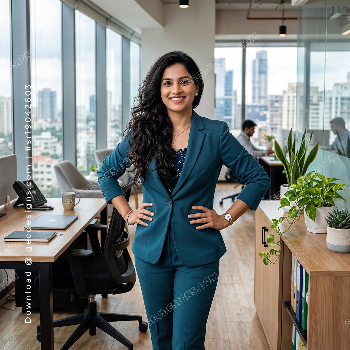 Confident businesswoman in a modern office workspace, professional marketing background image
