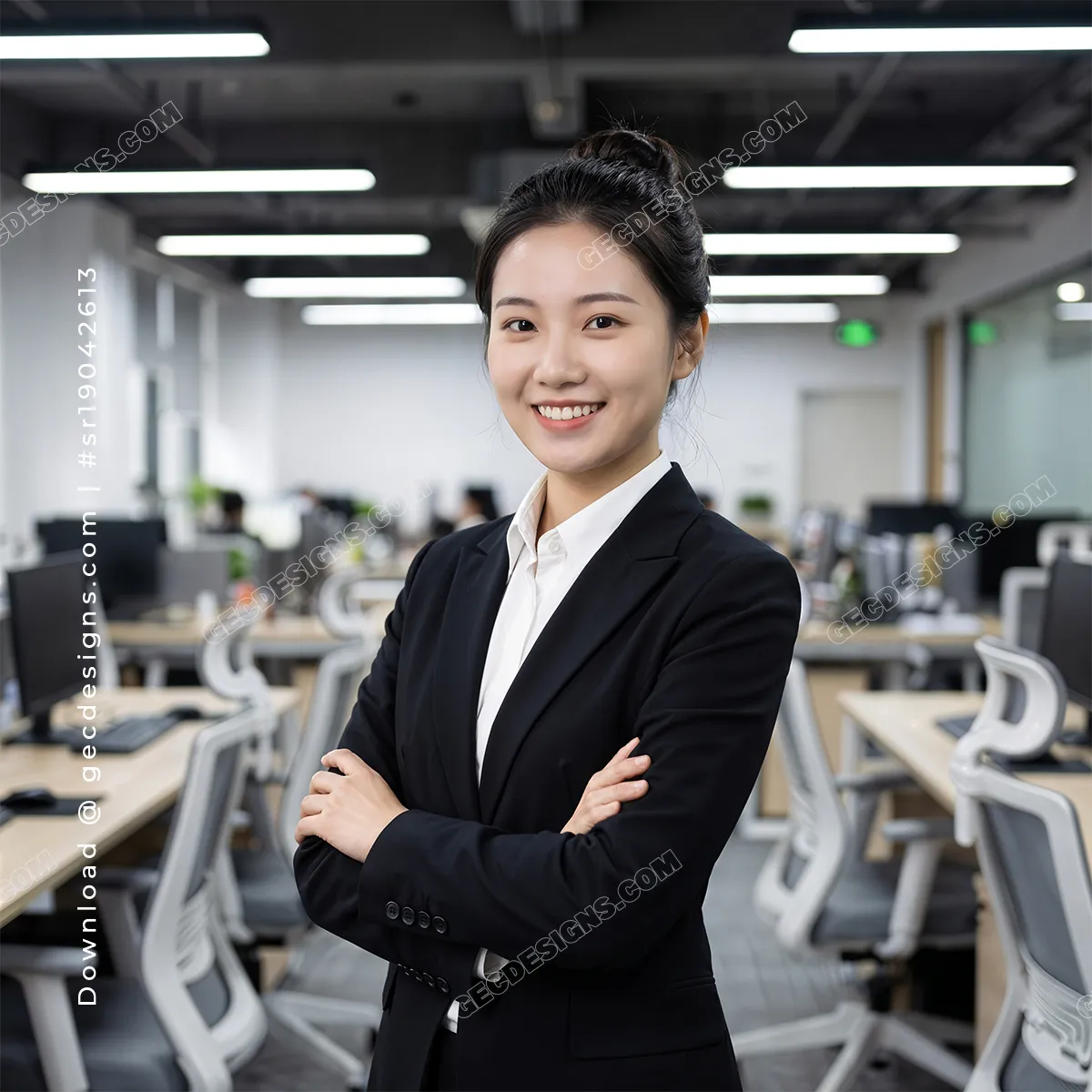 Confident Businesswoman standing in modern office workspace, Business Marketing background image