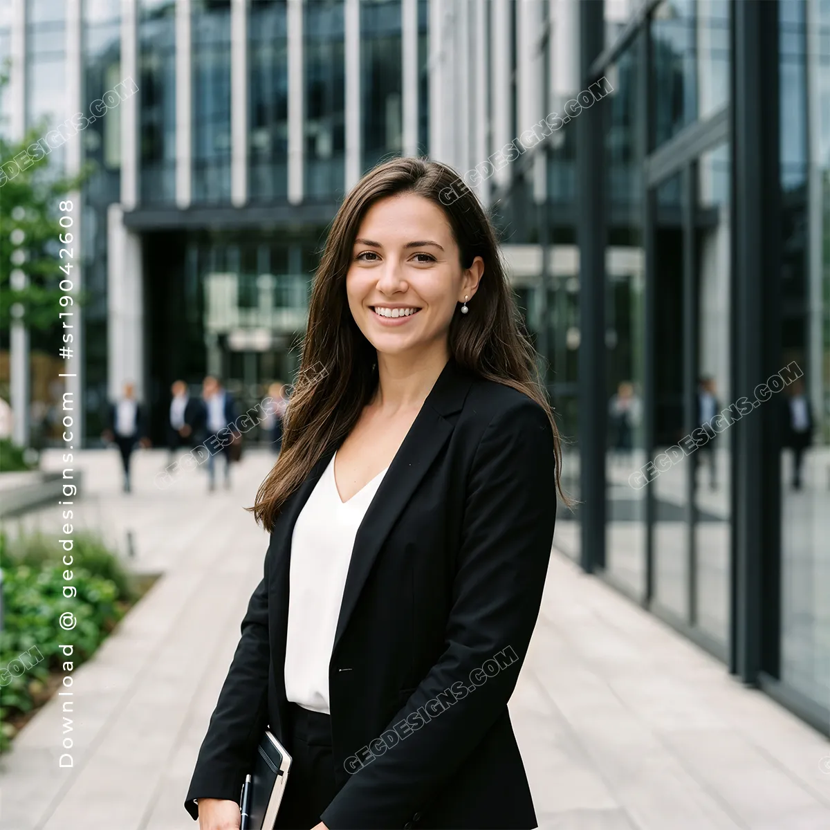 Confident Businesswoman standing outside a Modern office, Corporate Marketing background image