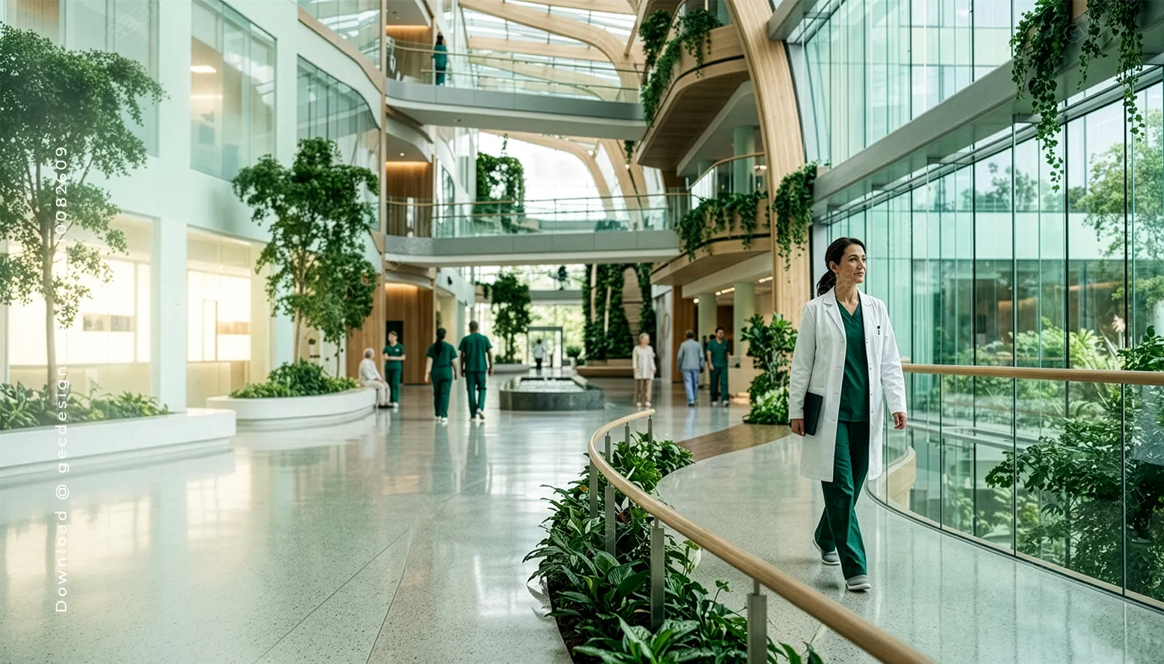Doctor Walking Through Modern Green Hospital Interior