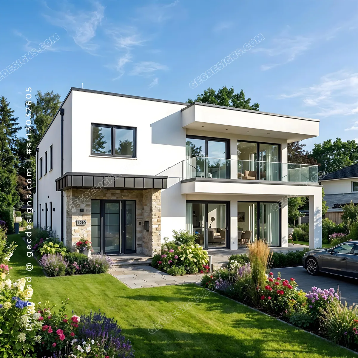 Elegant Modern Residential House with Garden Landscaping, Real Estate Background Images for Website background