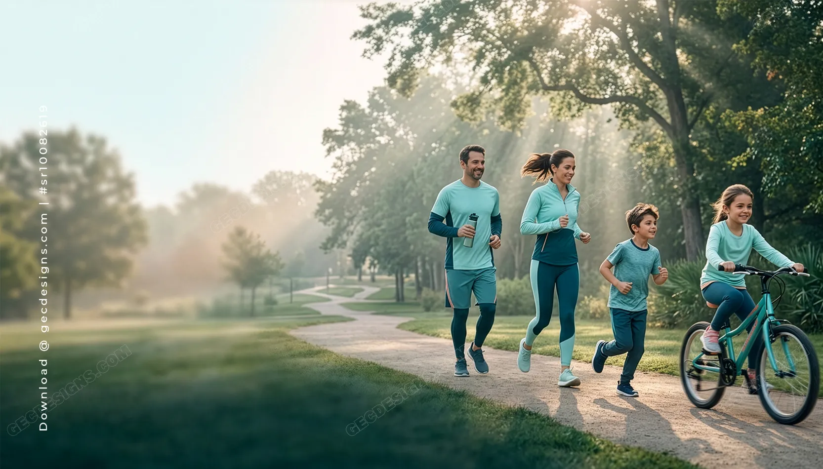 Family Running and Cycling Together in the Park