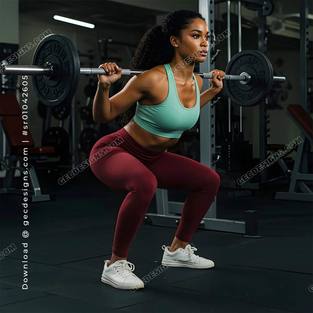 Female fitness model doing barbell squat exercise in gym strength training scene, Fitness and Gym background image