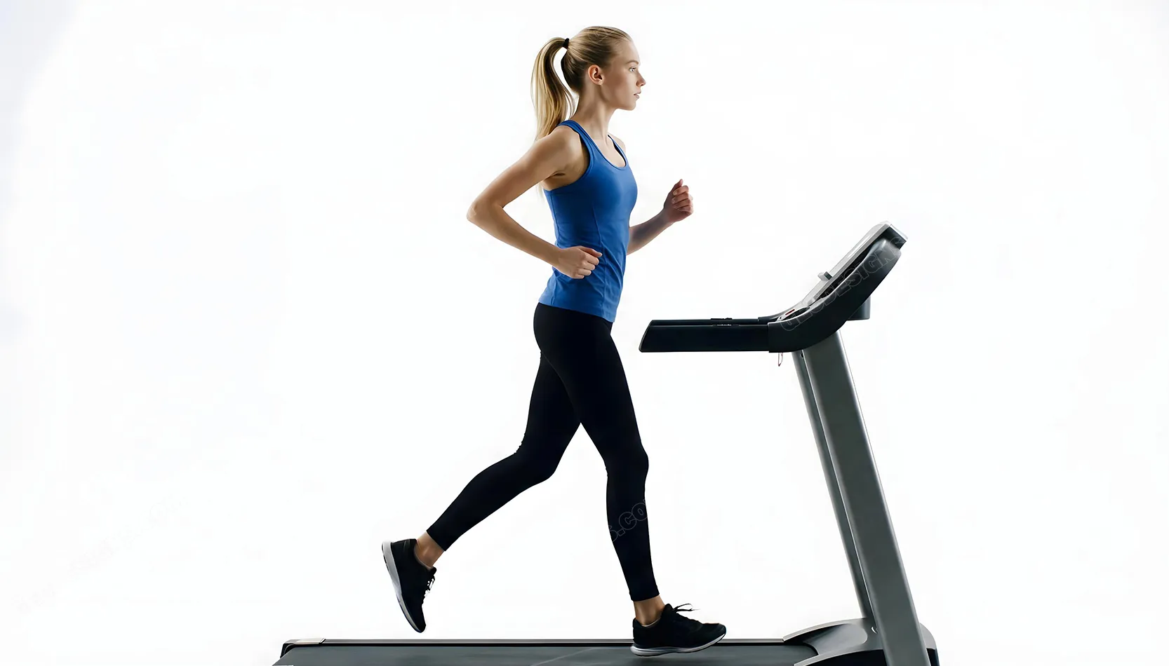 Female runner exercising on a treadmill, isolated on a white, clean background, Fitness and Gym background image