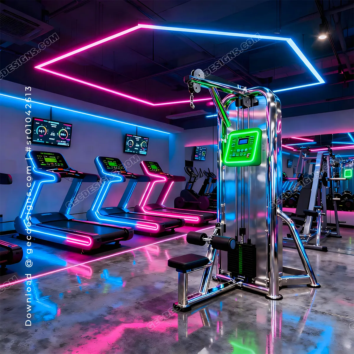 High-tech Gym with colorful neon lighting and modern workout equipment, Fitness, and Gym background image