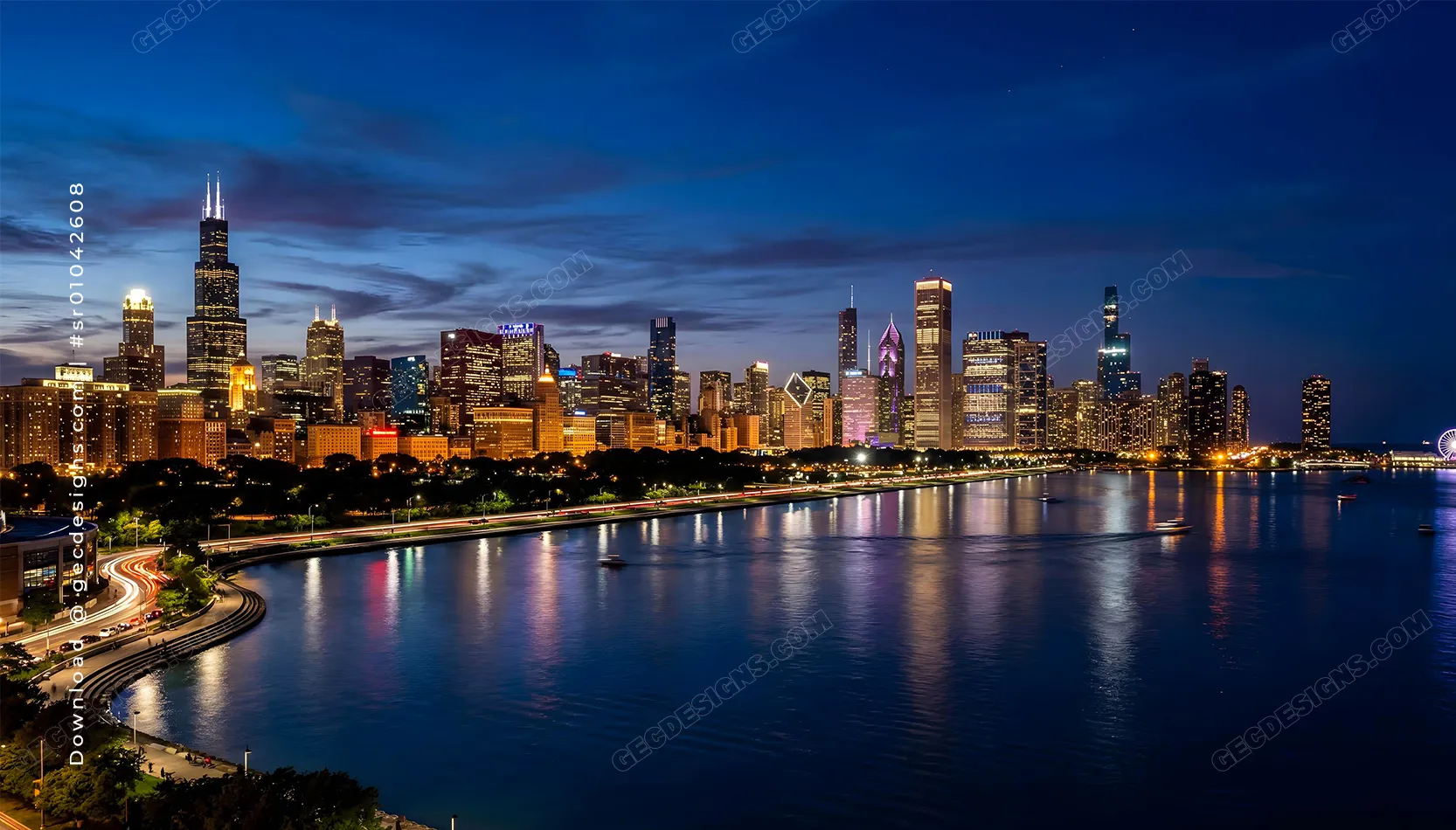 Illuminated city skyline at night with waterfront reflections and vibrant urban lights travel, and tourism background image