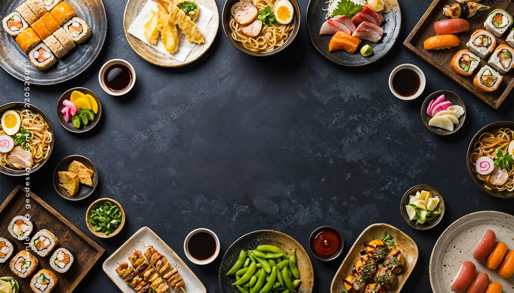 Japanese Restaurant Background Image With Sushi and Ramen