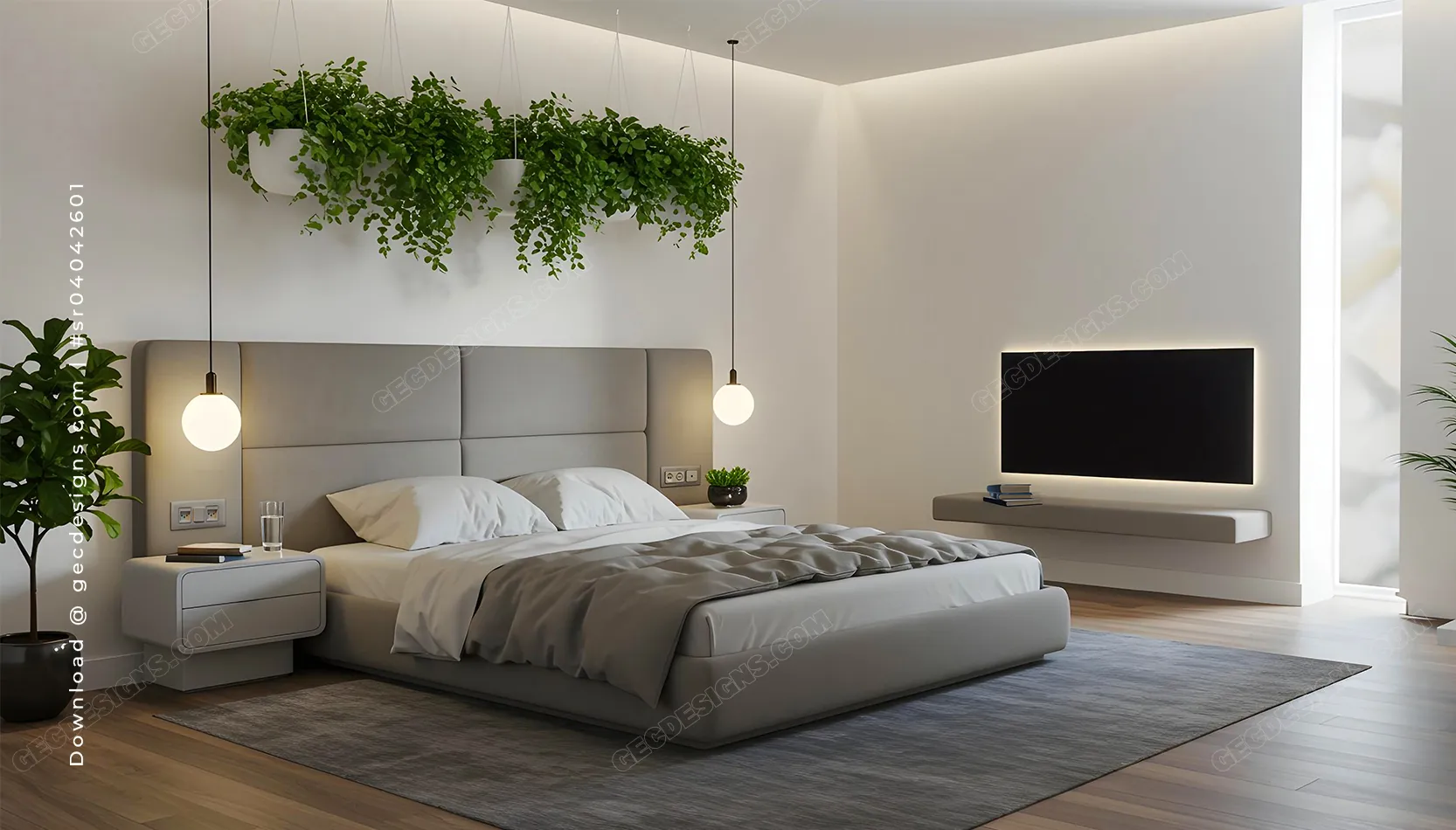 Luxury bedroom interior design with plants, soft lighting, and minimal decor background image