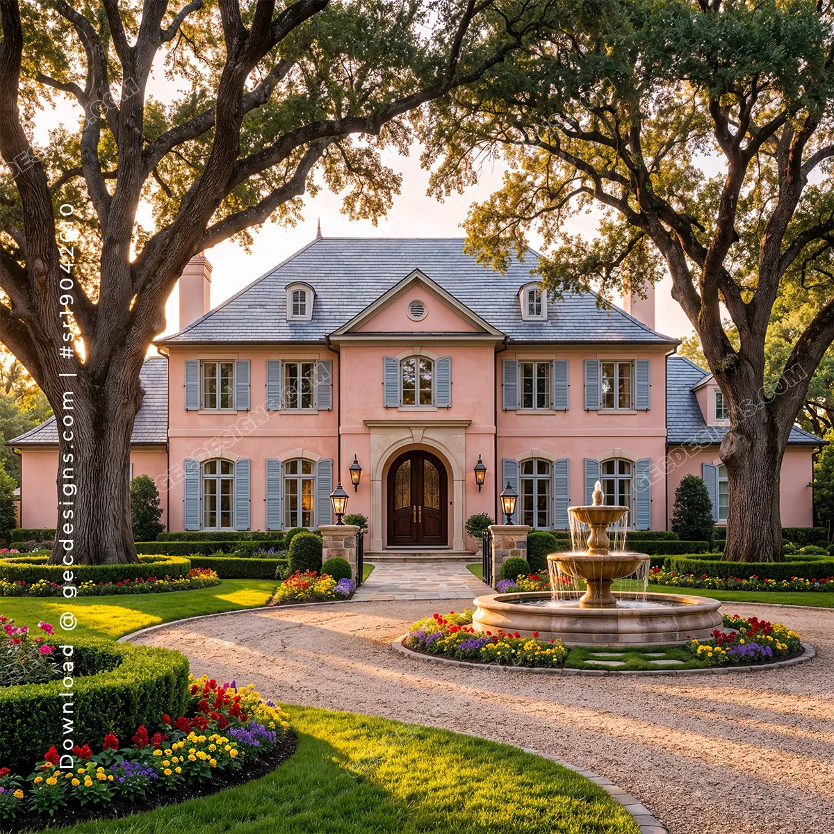 Luxury Classic Mansion with garden fountain and front yard, Real Estate background image