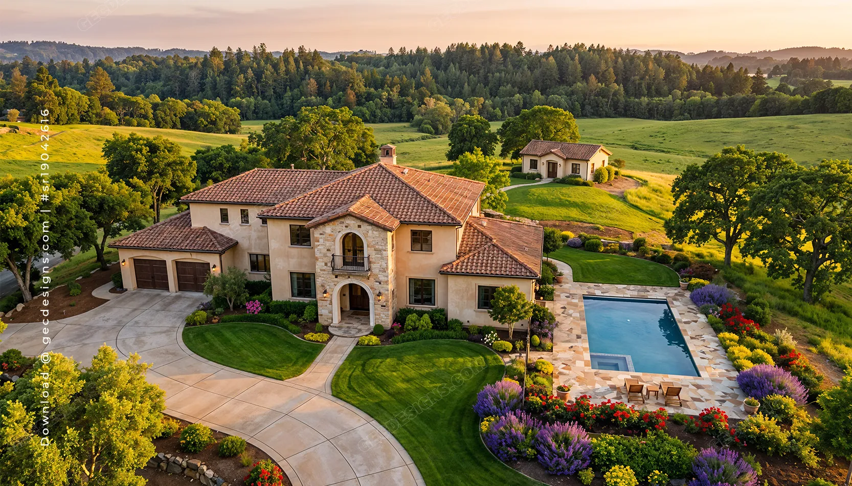 Luxury Countryside Villa with Pool and landscaped garden, Real Estate background image