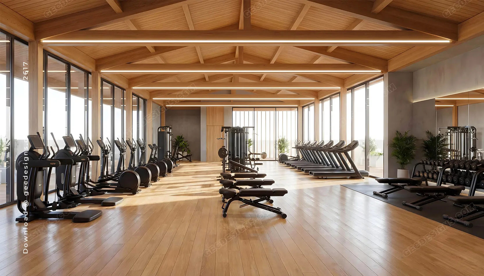 Luxury Fitness Studio with Cardio machines, Strength equipment, and large windows, Fitness and Gym background image
