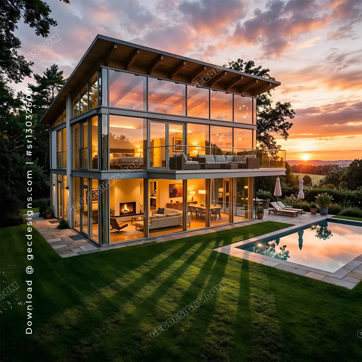 Luxury Glass House with Swimming Pool and Sunset Views Creating Stunning Real Estate Background Images